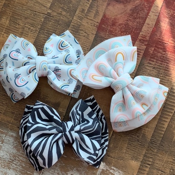 New Set of 3 Rainbow & Zebra Kids Clothe Hair Bows - Picture 1 of 5